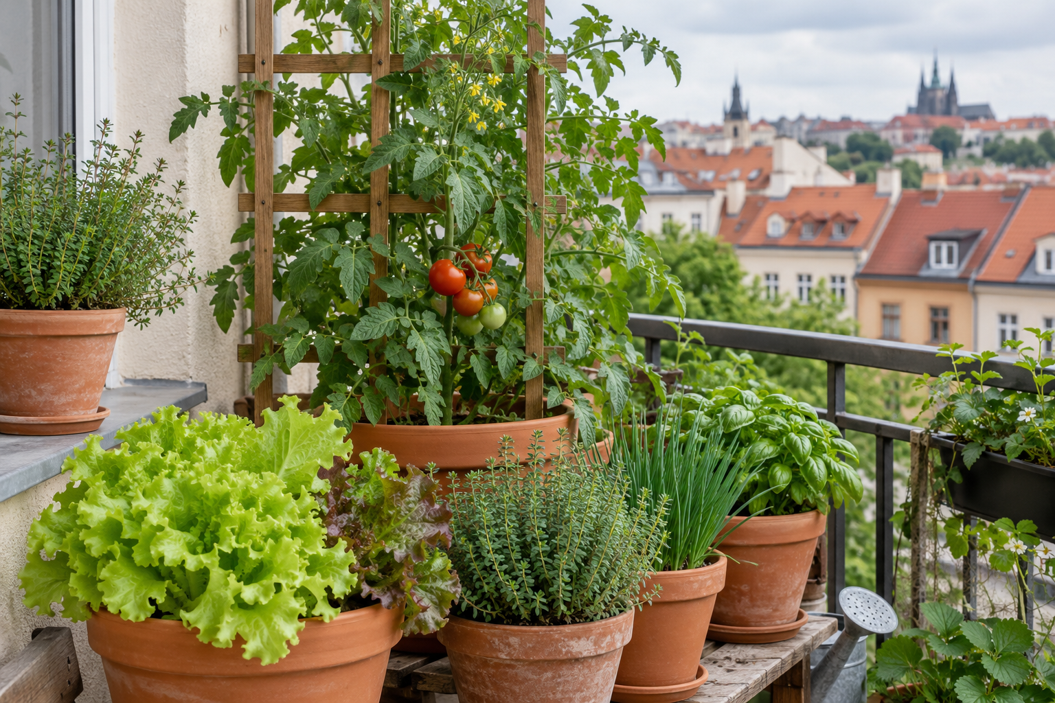 Balkon s rajčetem, salátem a bylinkami v terakotových nádobách